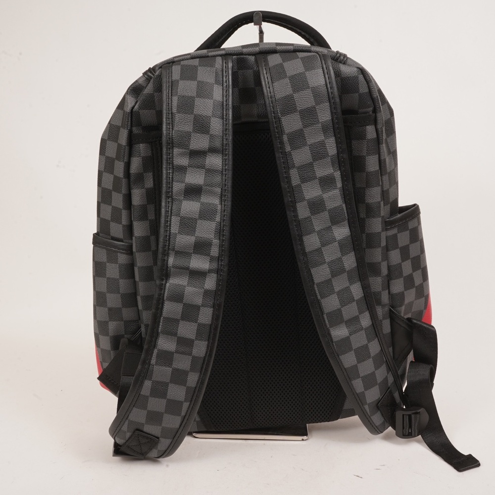Grey Checkered Pattern Multi-Pocket Shark Teeth Graphic Leather Backpack NWOT - Picture 6 of 11